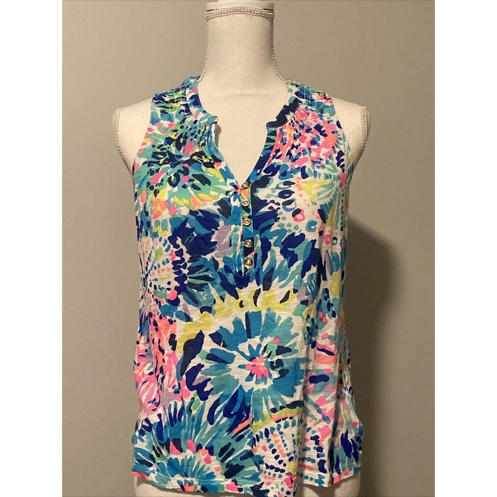 Lilly Pulitzer Size XS Essie Tank Top Sleeveless 100%‎ Cotton V Neck Dive In